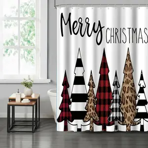 1/4pcs Christmas Tree Pattern Shower Curtain Set, Shower Curtain With 12 Hooks, Non-Slip Bath, U-Shape, Toilet Lid Cover Pad, Bathroom Partition, Bathroom Accessories, Christmas Decor