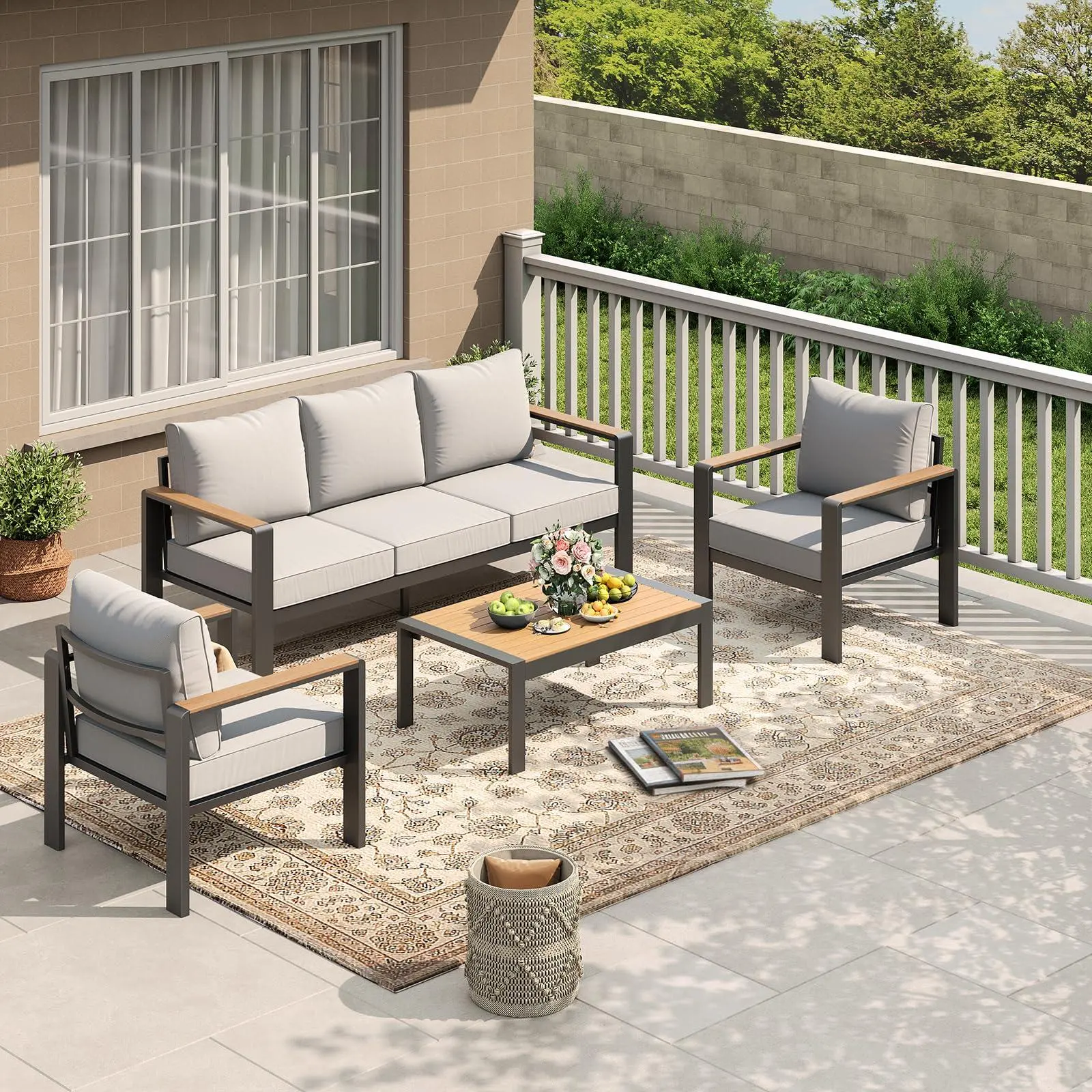 GARVEE 5-Seat Aluminum Frame Outdoor Furniture Set for 5 People, Spacious Patio Sectional with Washable Cushions and Coffee Table, Light Grey for Porch, Deck, Five People