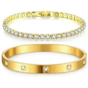 Stackable Gold Bracelet for Women and Girls, 14K Gold Plated Cubic Zirconia Tennis Bracelet, Stainless Steel Jewelry Gift