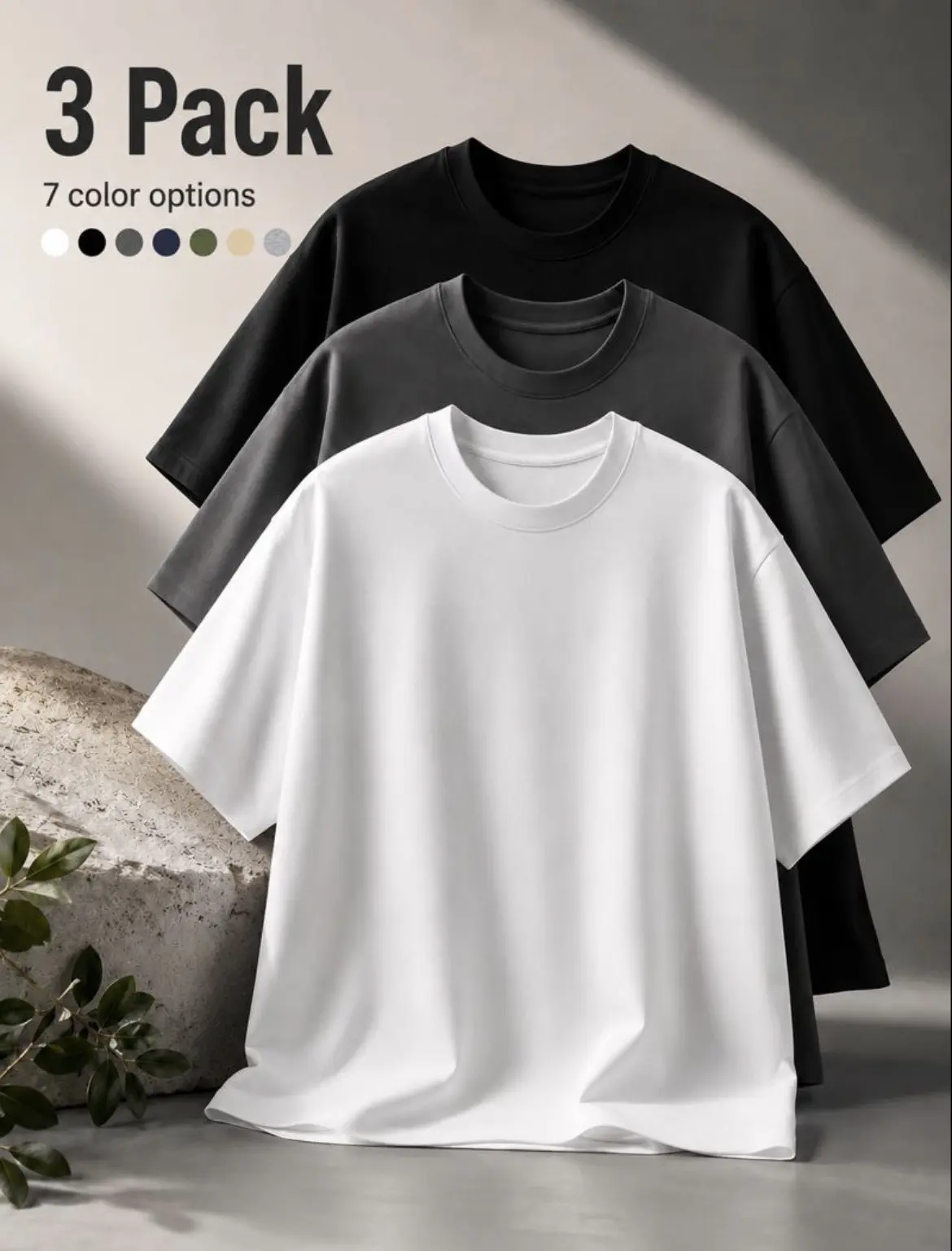 Men's 3-Pack Classic Plain Crewneck T-Shirt - Unisex Men's Top Breathable Cotton