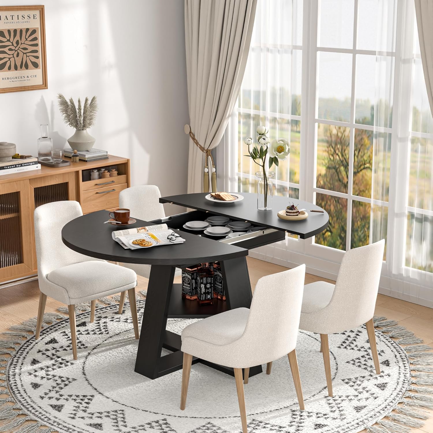 Extendable Round Dining Table for 4-8, Space Saving Kitchen Table with Storage Shelf, Modern Oval Expandable Table 300 lbs Capacity, Easy Assembly, Black