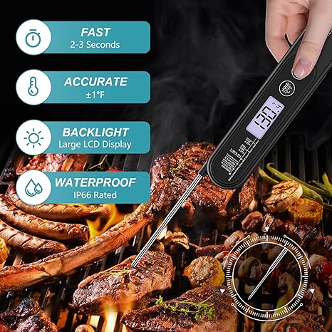 Digital Meat Thermometer with Instant Read – Ultra-Fast Food Thermometer, Waterproof, Backlit Display, Foldable Probe for BBQ, Grill, Oven & Cooking