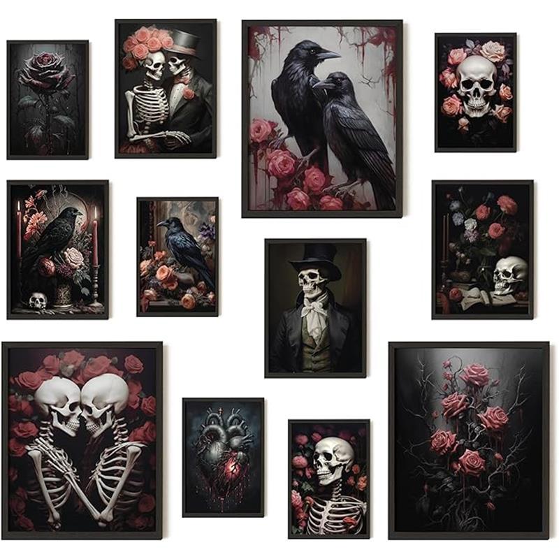 Romantic Gothic Wall Art - Goth Wall Decor, Floral Gothic Decor For Bedroom, Goth Wall Art Prints, Dark Raven Skull Poster, Moody Halloween Decor Aesthetic Picture for Home (8x10 Unframed)