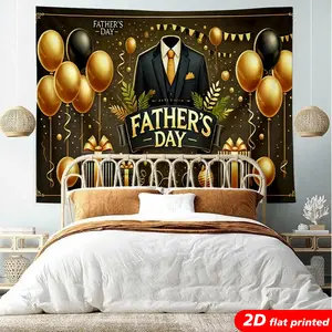 Father's Day Tapestry Wall Hanging, Black Gold Suit Balloon Gift Box Design, 2D Flat Printed Polyester Backdrop for Dad Party, Home Decor, Photo Booth, Living Room Bedroom, Father's Day Gift for Dad, Father's Day Decoration