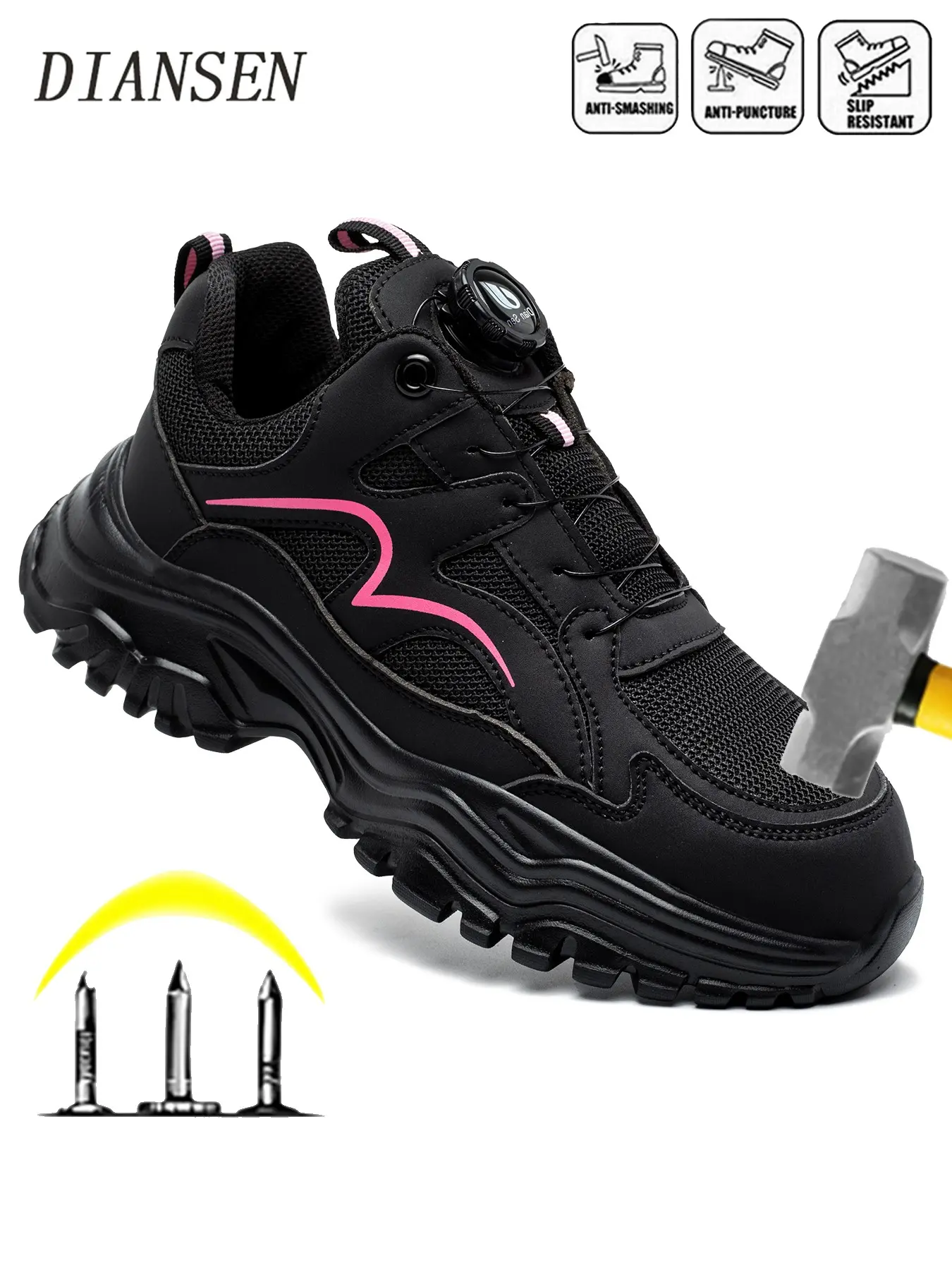Women's steel toe shoes, Protective work shoes, Work sports shoes, Indestructible, Anti smash, Anti puncture, Rotating Buckle, Comfortable and Safe, Lightweight and Breathable Structure, Sports shoes, Ergonomic design, Walking Shoes