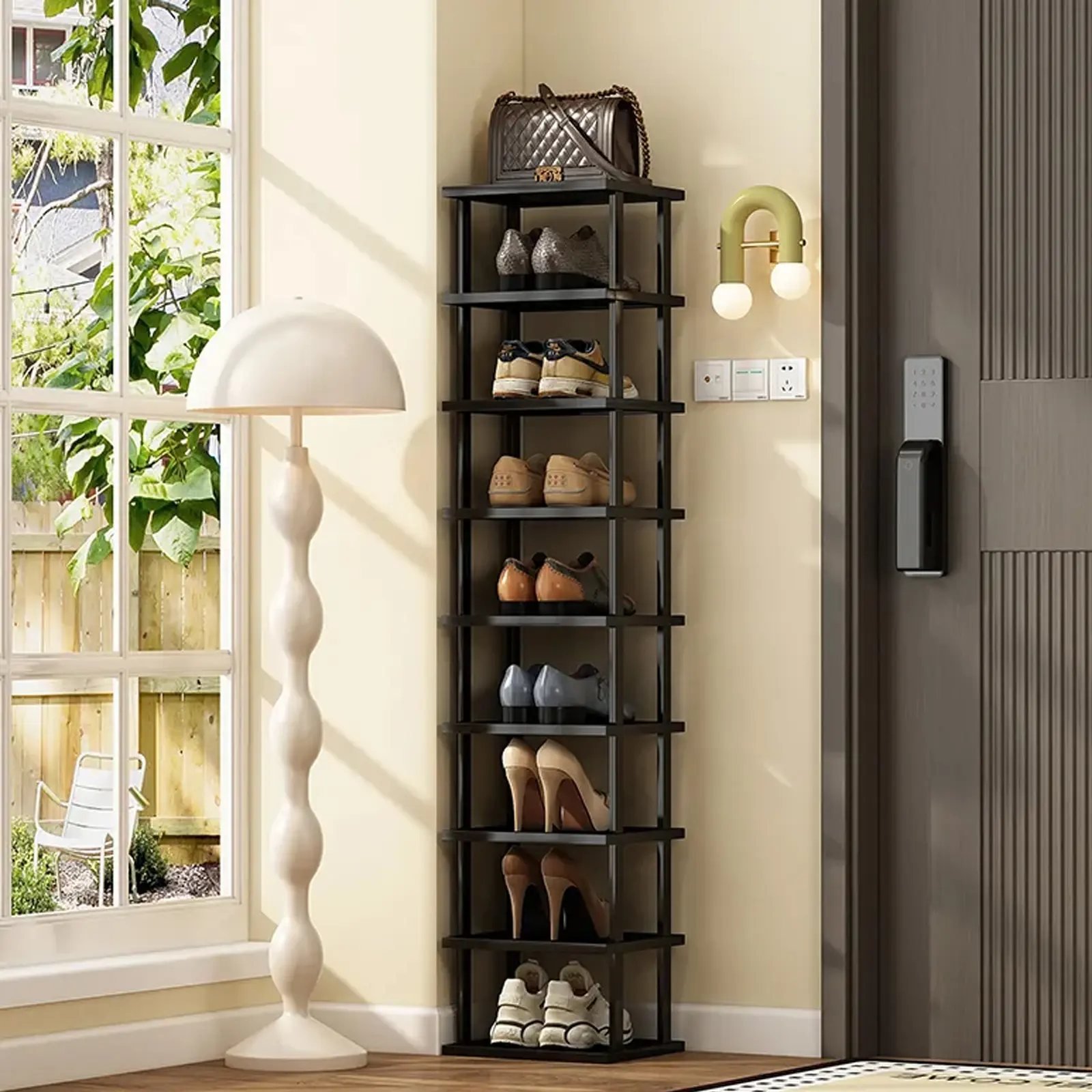 Vertical Shoe Rack - Tall Narrow Shoe Rack Organizer for Small Spaces,5 Tier Bamboo Shoen Shelf for Entryway,Closet,Corner,Doorway,Skinny Shoe Shelf Space Saving Shoe Storage,Free Stackable DIY