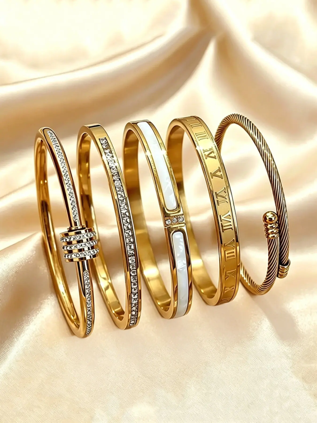 5 Piece Vintage Stainless Steel Bangle Set, Bangles Bracelets Set, Mix Bracelet, High-Quality Waterproof Jewelry, Unisex Daily Wear, Perfect Birthday Gift, Bangles Set