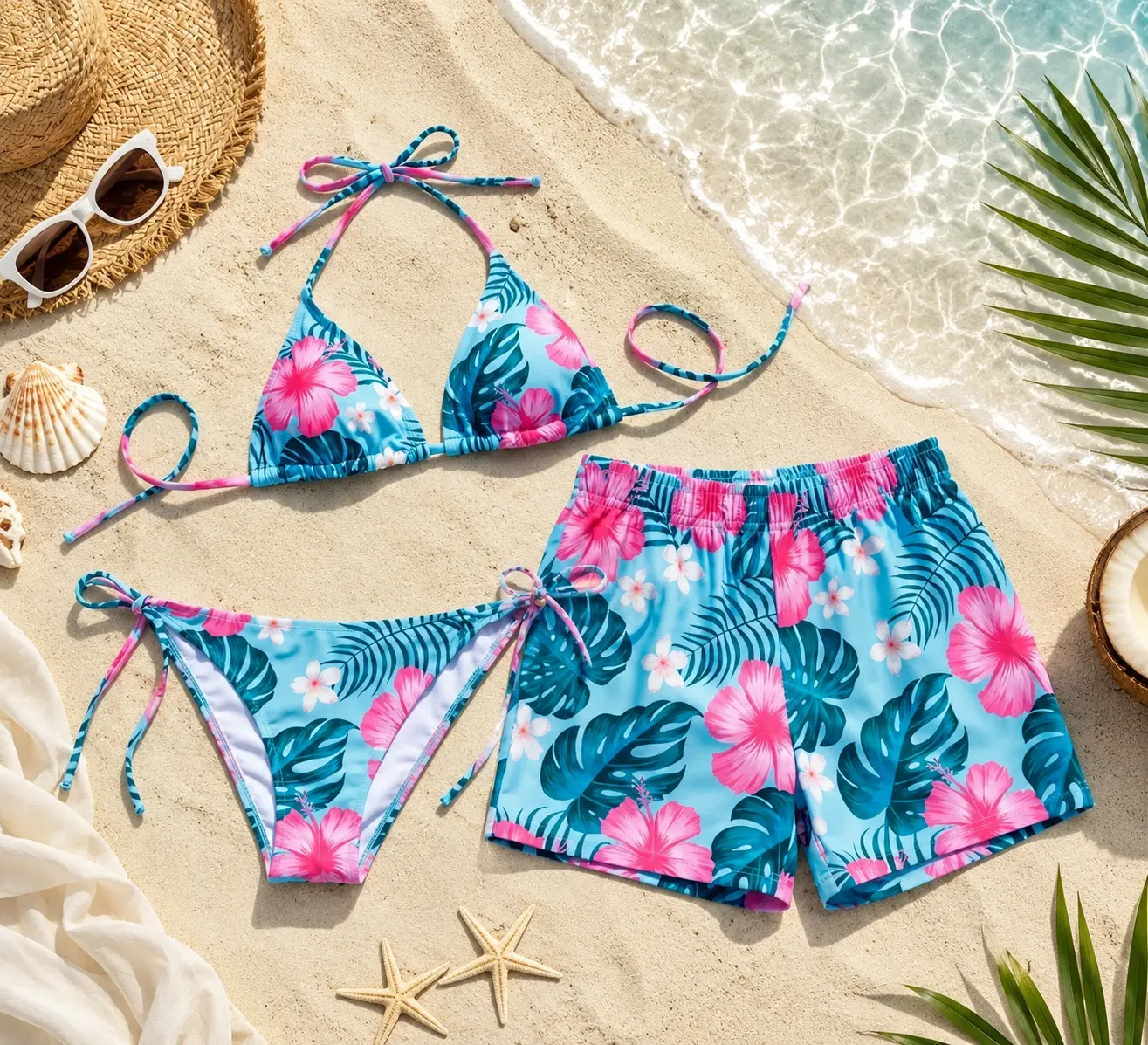 Matching Tropical Hibiscus Couple Swimwear Set | Honeymoon Beach Outfit