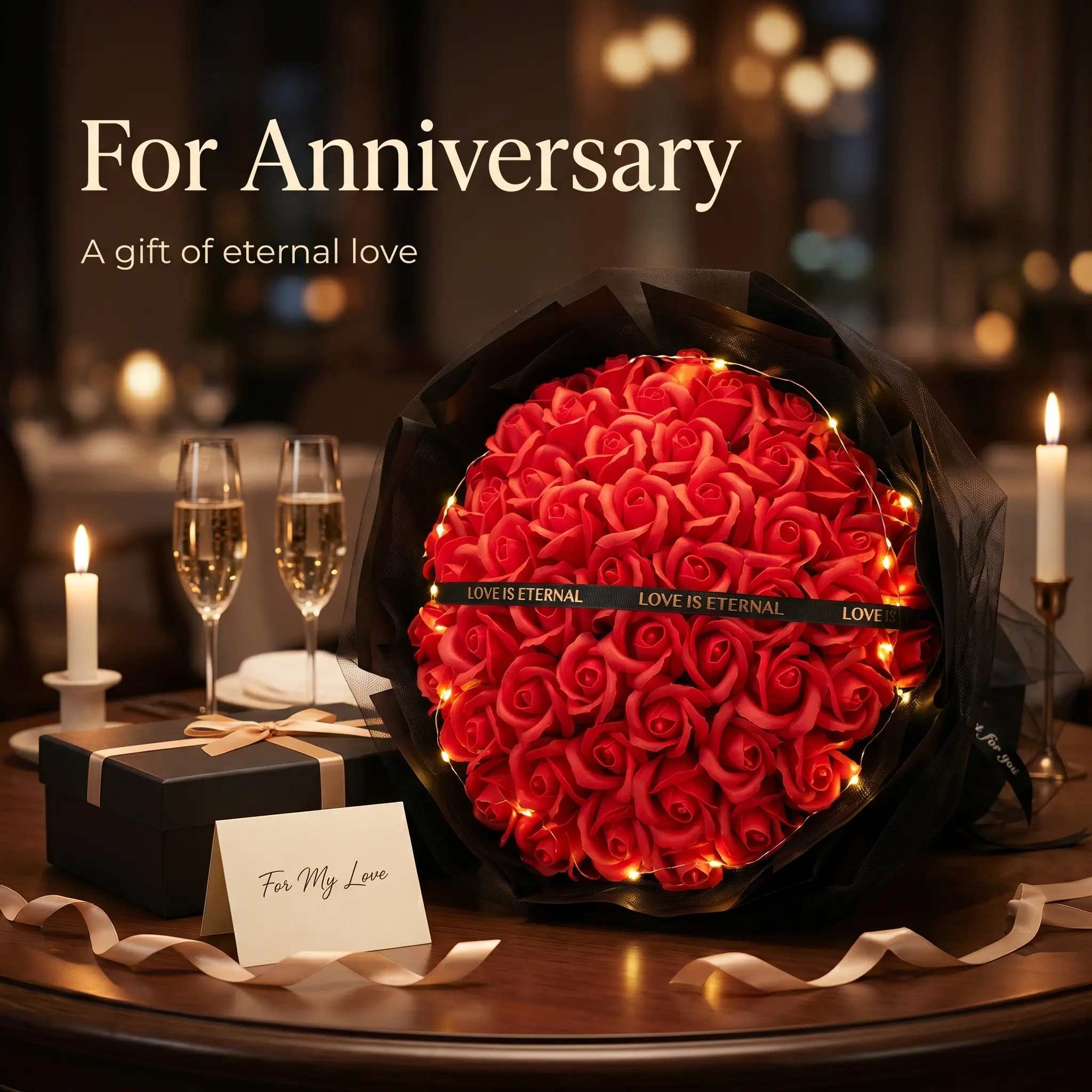 Romantic Glowing 52 Rose Bouquet Set - Real-Touch Scented Faux Flowers with Warm LED Lights | Birthday Gift for Her