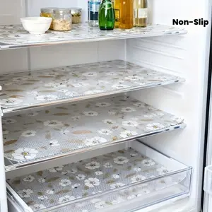 4 Pcs Refrigerator Liners – Thick EVA non-slip fridge mats with floral pattern. Moisture-proof drawer and shelf liners for kitchen organization and easy cleaning.