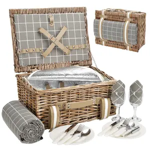 Wicker Picnic Basket for 2 - Willow Basket with Waterproof Picnic Blanket | Willow Picnic Set with Insulated Cooler | Wicker Hamper with Cutlery Kit | Gift Basket for Christmas, Thanks Giving, Grey