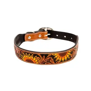 Sunflower Hand-Tooled Leather Dog Collar