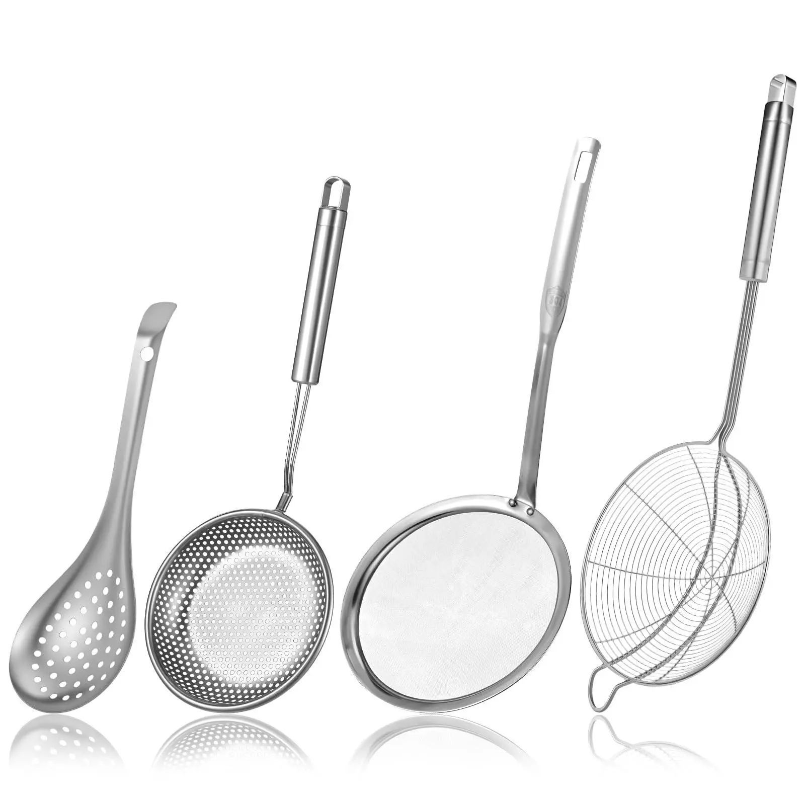 4 Pieces Spider Strainer Skimmer Spoon Set, Fine Mesh Strainer and Fat Skimmer Spoon Set, Stainless Steel Metal With HoleSieve Food Strainers with Hanging Holes, for Cooking, Fat, Grease, Floating Foa