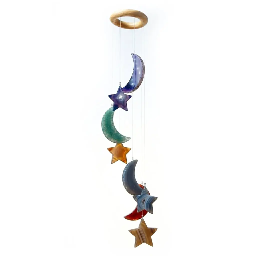 Star and Moon Wind Chime — Colorful Agate Slice Bohemian Chime