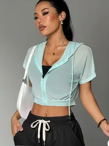 Women's Breathable Mesh High Elasticity Short Sleeve Zipper Hooded Loose Fit Jacket, Ideal for Gym Running Outdoor Casual Daily Commute, Workout Clothes Women