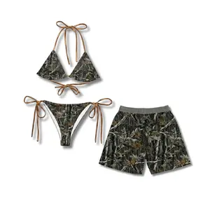 [Summer Deal] Matching Camo Swimsuit Set for Couples, Women's Two-Piece Bikini & Men's Athletic Camo Mesh Shorts, Perfect Summer Beach Outfit & Gift for Him and Her