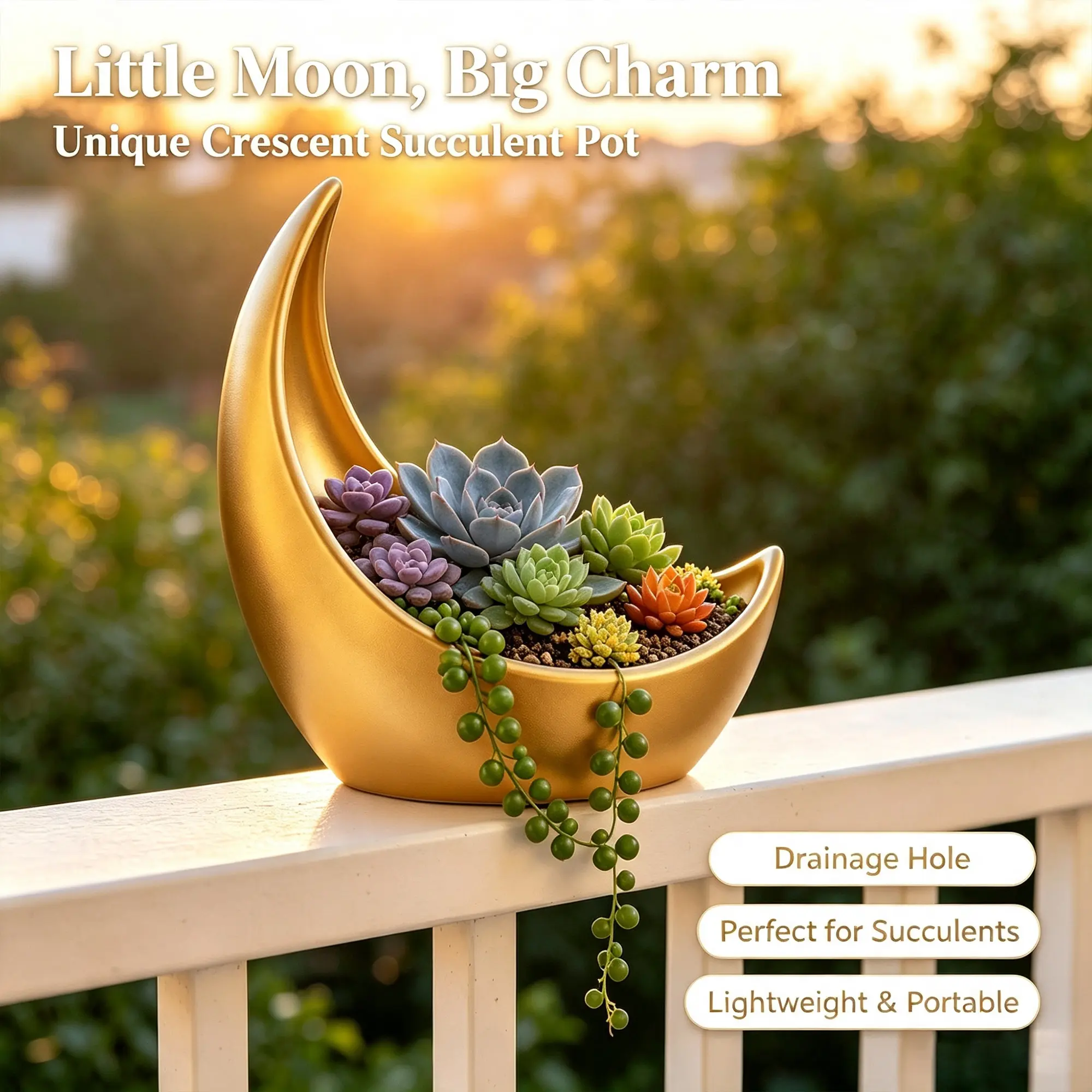 Moon Shaped Planter Pot, Aesthetic Ceramic Succulent Pot for Indoor Plants, Cute Crescent Flower Pot Home Decor for Desk, Bedroom & Office
