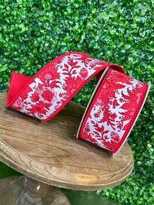 2.5 Inch By 10 Yard Red And White Chinoiserie Floral Fused Ribbon