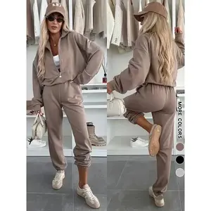 Women's High-End Bomber Sweatshirt Set, Half-Zip Casual Fashion, Comfortable Daily Wear, Thick Fabric, Loose Fit, Fall & Winter