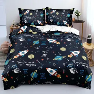 2/3 Piece Duvet Cover Set, Soft and Comfortable Rocket Ship Double Bed Top Set, Boys' Space Theme Rocket Ship Bedding Set, Blue Double Sheet (1*Duvet Cover + 1/2 Pillowcase, Quilt Core Not Included)