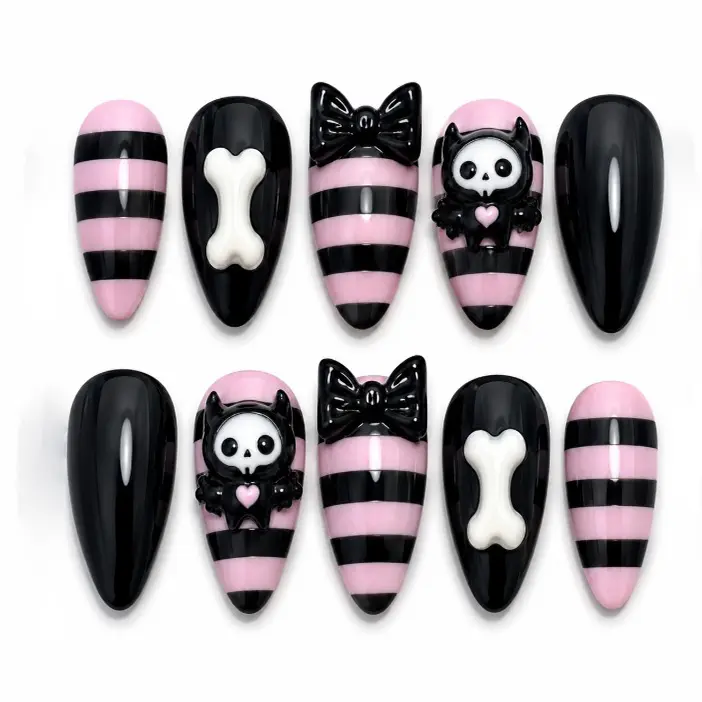 Sidosona 3D Gothic Cat Press On Nails, Pink Black Striped Skull Bone Nail Art, Cute Kawaii Kitty Long Almond Fake Nails, Y2K Emo Reusable Nail Set for Women