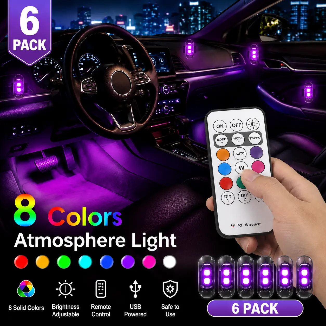 6 Pack Wireless Remote 8 Color LED Warning Lights, Emergency Flashing Strobe Safety Lights for Cars, Trucks, Motorcycles, Trailers & RVs, Light Up Your Space