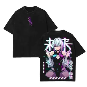 Lucy Cyberpunk Ice Queen Anime Double Printed Vintage Washed Tee ver Unisex Oversize Heavyweight Cotton Manga Graphic Crewneck Soft Tops Natural Shade T-shirt Anime Gift，Anime merchandise