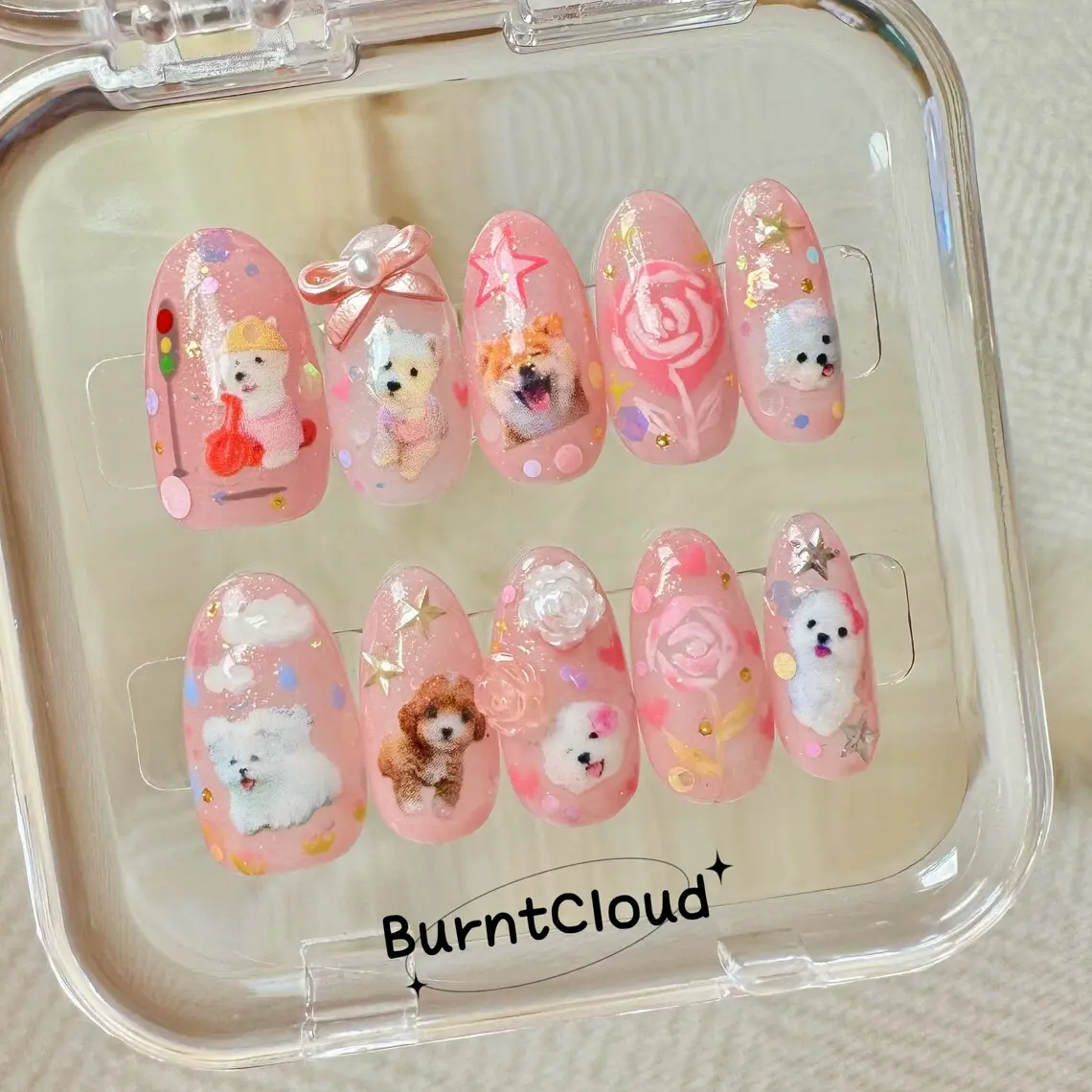 187 "Sweet Dogs" Kawaii Cute Puppies Pink Glitter Y2K Press on Nails | Custom Hand-painted Nails | Coffin Nails /Fake Nails/ Stick on Nails