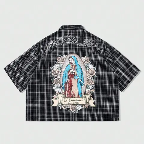 Men's Plaid Loose Fit Casual Short Sleeve Button Shirt, Casual Trendy Shirt, Saint Mary Faith Print, Street Style Design, Daily Wear Fashion, Casual Stylish Menswear