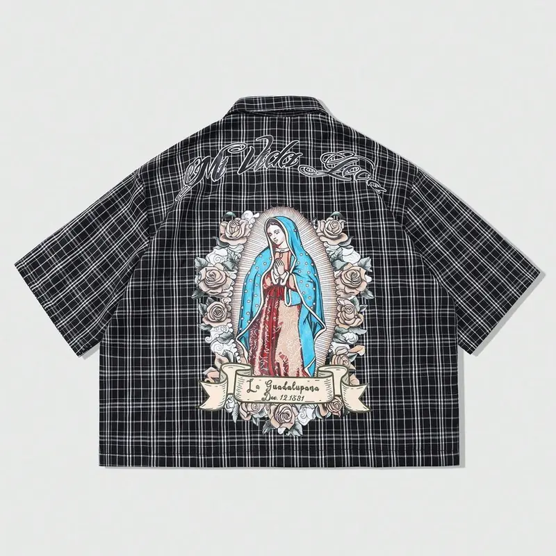 Men's Plaid Loose Fit Casual Short Sleeve Button Shirt, Casual Trendy Shirt, Saint Mary Faith Print, Street Style Design, Daily Wear Fashion, Casual Stylish Menswear