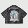 Men's Plaid Loose Fit Casual Short Sleeve Button Shirt, Casual Trendy Shirt, Saint Mary Faith Print, Street Style Design, Daily Wear Fashion, Casual Stylish Menswear