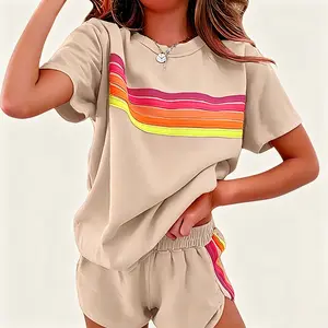 Rainbow Stripe Casual Set | Sporty Short Sleeve Shorts | Oversized Rainbow Stripe Two-Piece Set | Trendy Loose Fit | Color Block Stripe Casual Set | strip accent basic minimalist clothes womenswear suit long winter big brands Summer wear