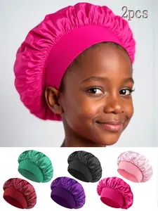 2-Pack Satin Sleep Caps, Sleeping Satin Lined Bonnet for Ages 3-8, New Style Wide Brim Elastic Headbands, Soft Comfortable Hair Protection Hats Available in Multiple Colors
