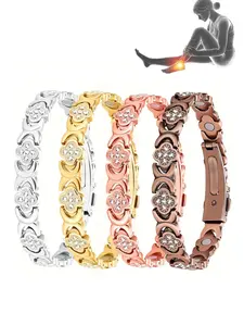 Pure copper ladies' bracelet, super magnetic therapy bracelet, made with neodymium magnets and shiny cubic zirconia, adjustable, unlimited four-leaf clover accessories, effectively relieve pain, exquisite heart-shaped design, equipped with adjustment tool