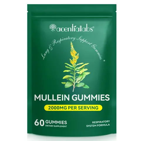 Acentiallabs Chewable Respiratory Health Dietary Gummies - 2000mg Organic Mullein Leaf Botanical Extract Daily Dose, Pear Flavor, Lung Support, Sinus Relief, 30-Day Supply, Vegan, All-Free (Sugar, Gluten, GMO, Lactose), Edible Supplement Bottle, Sugar Fre