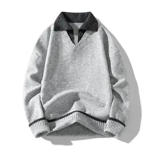Men’s Retro Gray Knit Sweater, Polo Collar V-Neck Colorblock Casual Oversized Pullover