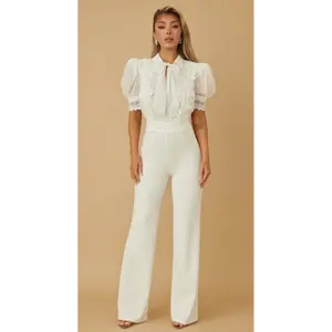 CROCHET Embroidered Flower Bow Jumpsuit - Puff Sleeve with Crochet Trim Edges, Women's Overalls - Womenswear