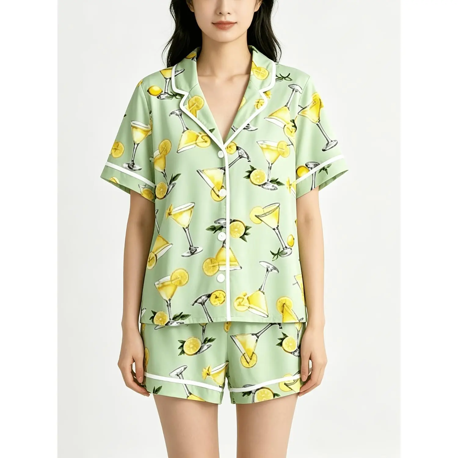 Women's Summer Yellow Cocktail Print Pajama Set - Short Sleeve Button-Up Shirt & Elastic Waist Shorts - Watercolor Drink Design Loungewear 2-Piece Sleepwear