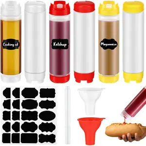 6 count 16oz Condiment Squeeze Bottles for Sauce Plastic Inverted Squeeze Bottles with Stickers and Funnel, Large Valve No Leak Refillable Ketchup Dispenser for Restaurant Kitchen Catering