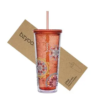 bzyoo SIP 24oz (710ml) Double Wall Plastic Tumbler with Lid and Straw Cold Drink Travel Mug Reusable Party Cup Perfect for Ice Coffee, Tea Office