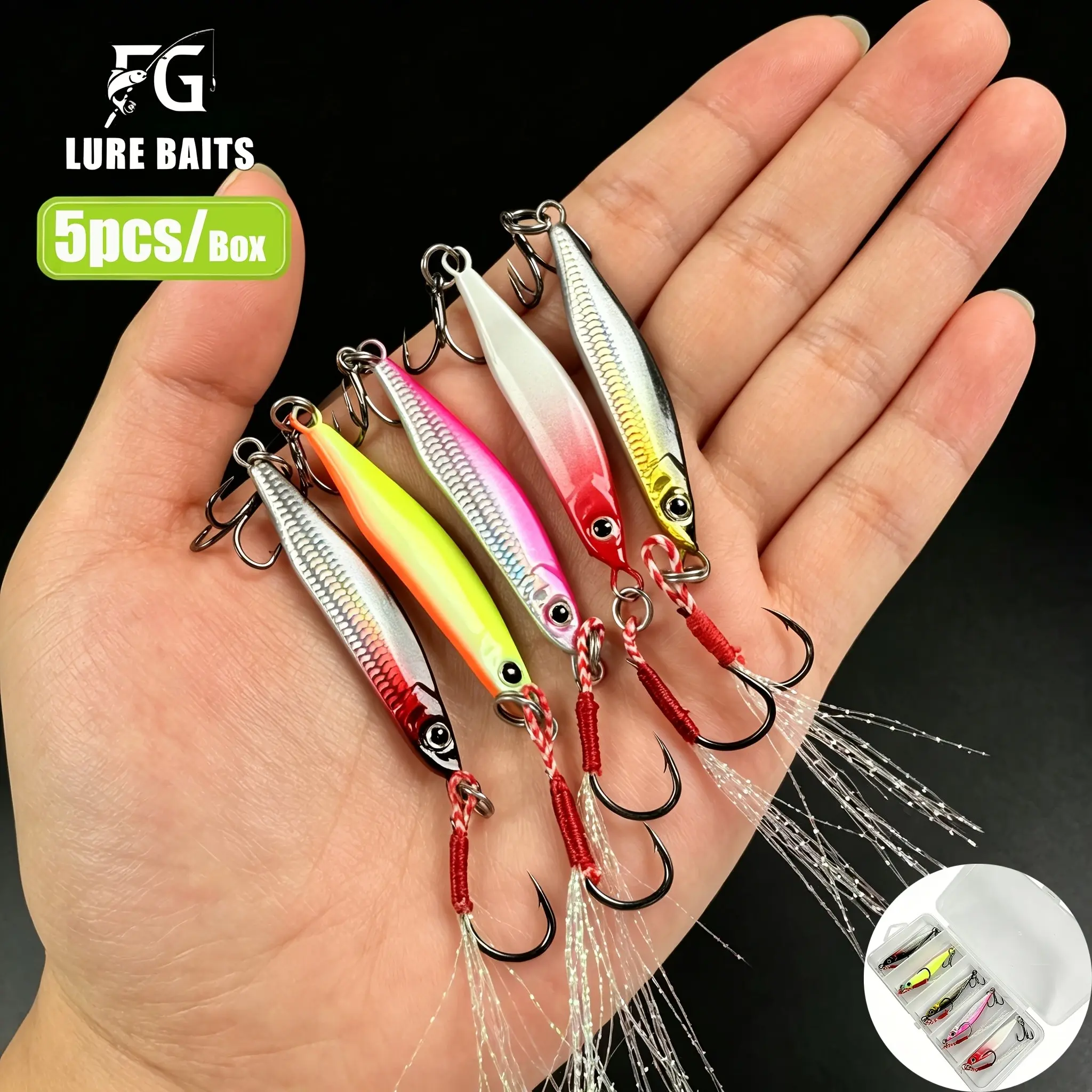 5Pcs Metal Jig Fishing Lures Kit, Fishing Tackle, Fast Sinking Casting Jigs with Treble Hooks & Feather Tail, Long Cast Saltwater Freshwater Lures for Bass, Trout, Pike, Walleye - Lifelike Hard Bait Set
