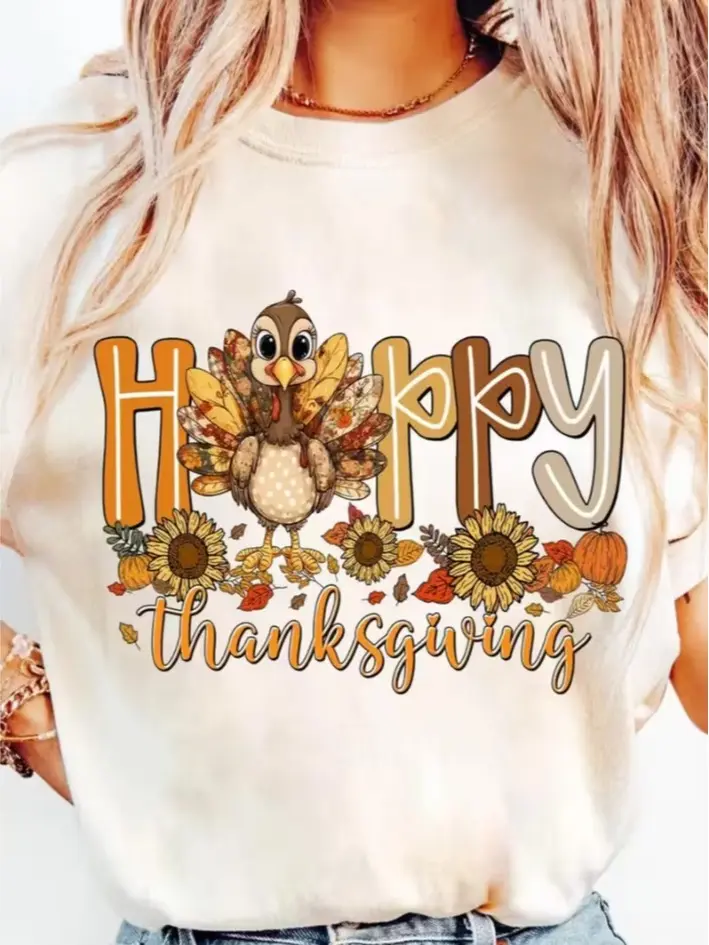 Women's 100% Cotton Thanksgiving Printed T-Shirt - Short Sleeve, Round Neck, Oversized Loose Lightweight Breathable Blouse with Turkey & Autumn Leaves Print, Beige Fabric Top for Fall Parties, Machine Washable, Easy Matching, Streetwear