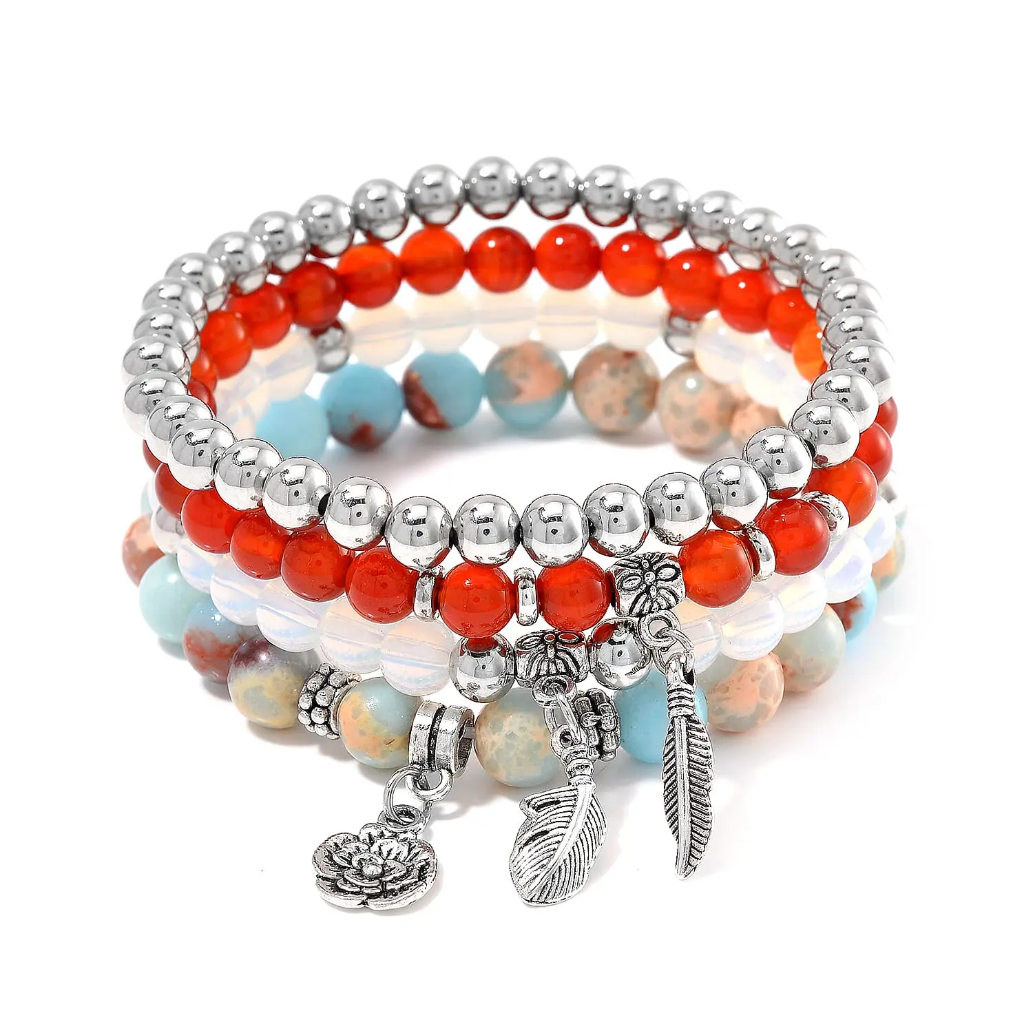 Set of 4 Multi Gemstone 165.00 ctw Beaded Bracelet with Flower and Feather Charm in Silvertone (6.5-7In)