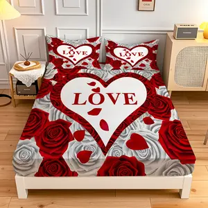 3-Piece Creative Fashion Heart-Shaped Rose Pattern Bed Sheet Set, Soft Polyester Fabric, Hypoallergenic, Fully Elastic, Breathable, Machine Washable, Tear-Resistant, Suitable for Home and Guest Room, All-Season Comfort Essential (1 King Size Fitted Sheet