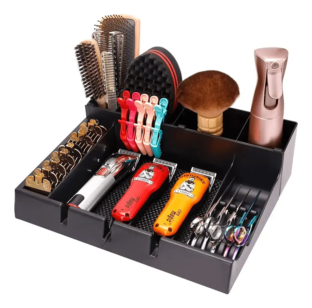 Large Barber Station Organizer for Corded Clippers & Guards, Barber Clipper Tray Anti-slip Hair Trimmer Holder, Multifunctional Detachable Hairdressing Tool Holder, Salon Haircut Supplies Storage Case