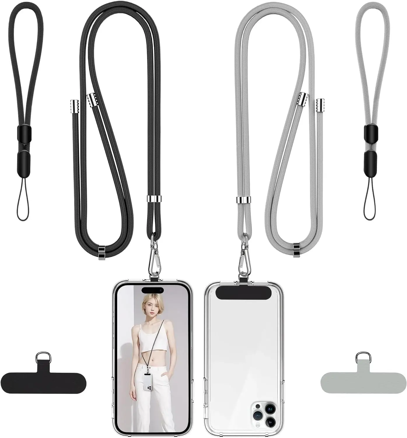 Phone Lanyard, 2 Pack Adjustable Cell Phone Lanyard Crossbody Neck Strap & 2 Pack Phone Wrist Strap with 2 Pcs Tether Tabs Compatible for iPhone Android Smartphones-Black Grey