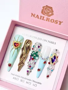 10Pcs Reusable Handmade Bay Blue Long Almond Goth Press-on Nails with Golden Loyal Luxury Rhinestones, Beauty Products DIY Kit, Acrylic Nail Supplies Stickers, Manicure Gift Box Included, Y2K Cute for Women’s Festivals, Parties