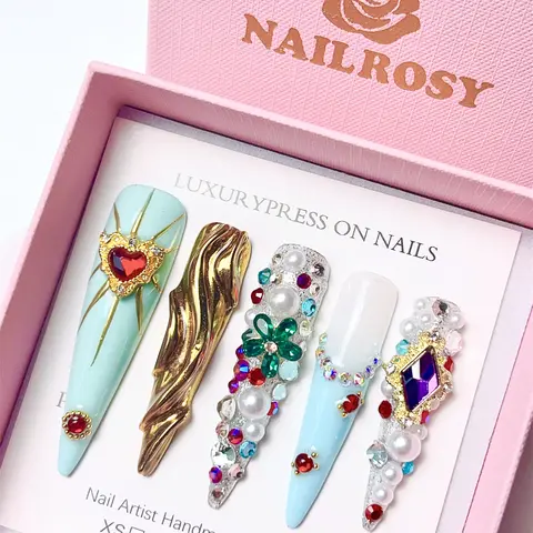 10Pcs Reusable Handmade Bay Blue Long Almond Goth Press-on Nails with Golden Loyal Luxury Rhinestones, Beauty Products DIY Kit, Acrylic Nail Supplies Stickers, Manicure Gift Box Included, Y2K Cute for Women’s Festivals, Parties
