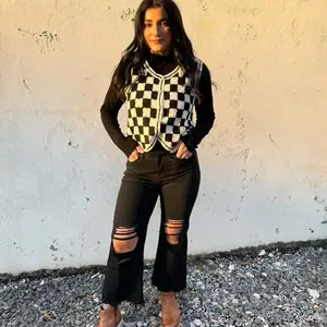 Checkered Knit Vest - Black and White Checkered Top for Women - Stylish Top for Casual Wear - Womenswear, Tops