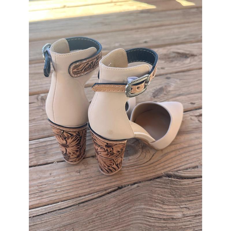4 inch Tan Closed Toe Tooled Heels